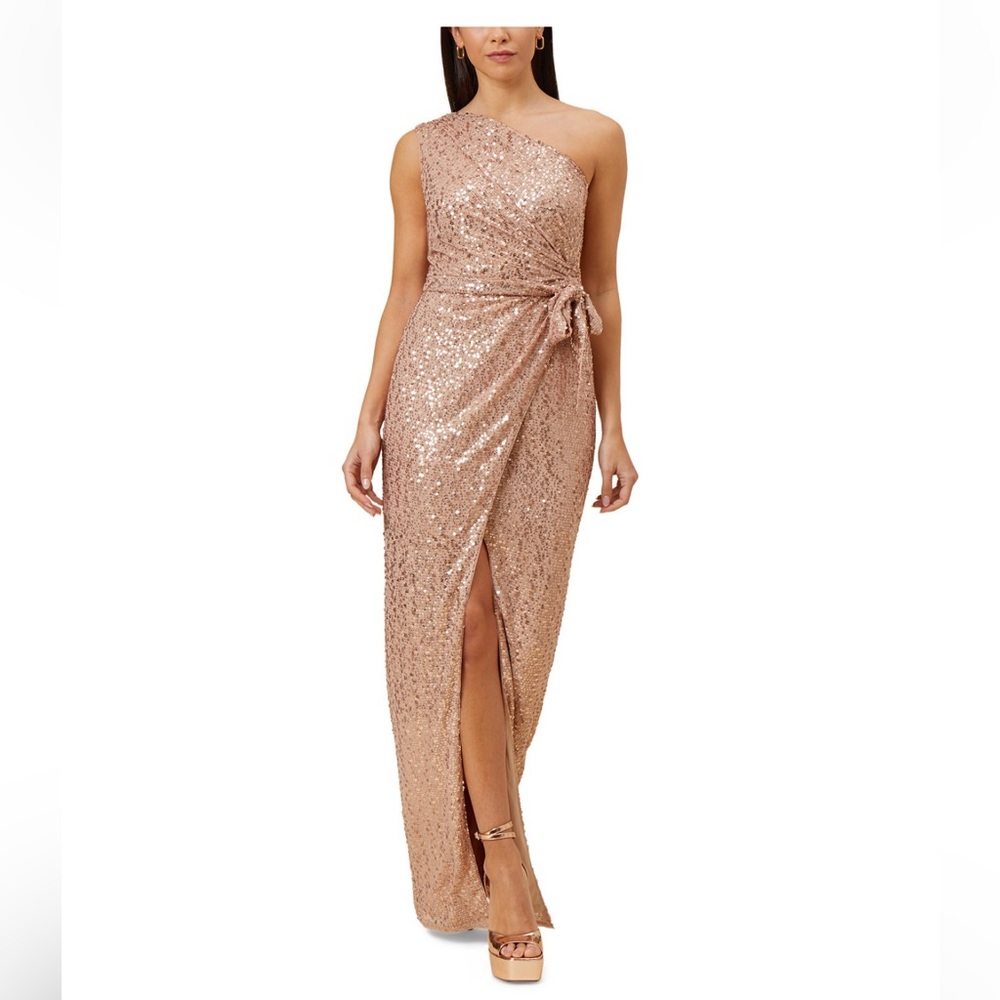 NEW Aidan Mattox Rose Gold Sequined One Shoulder Gown
